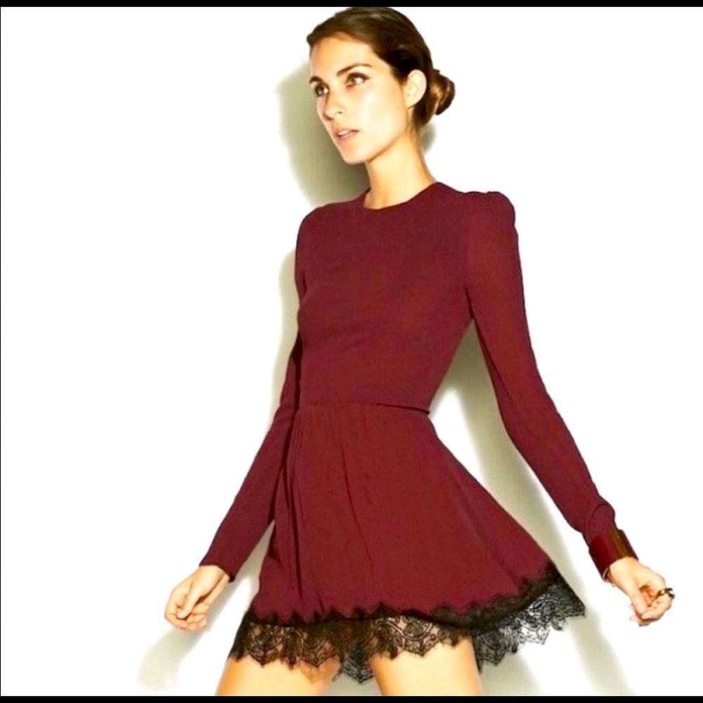 Black Long Sleeve Mini Dress Lace Hem - Reformation